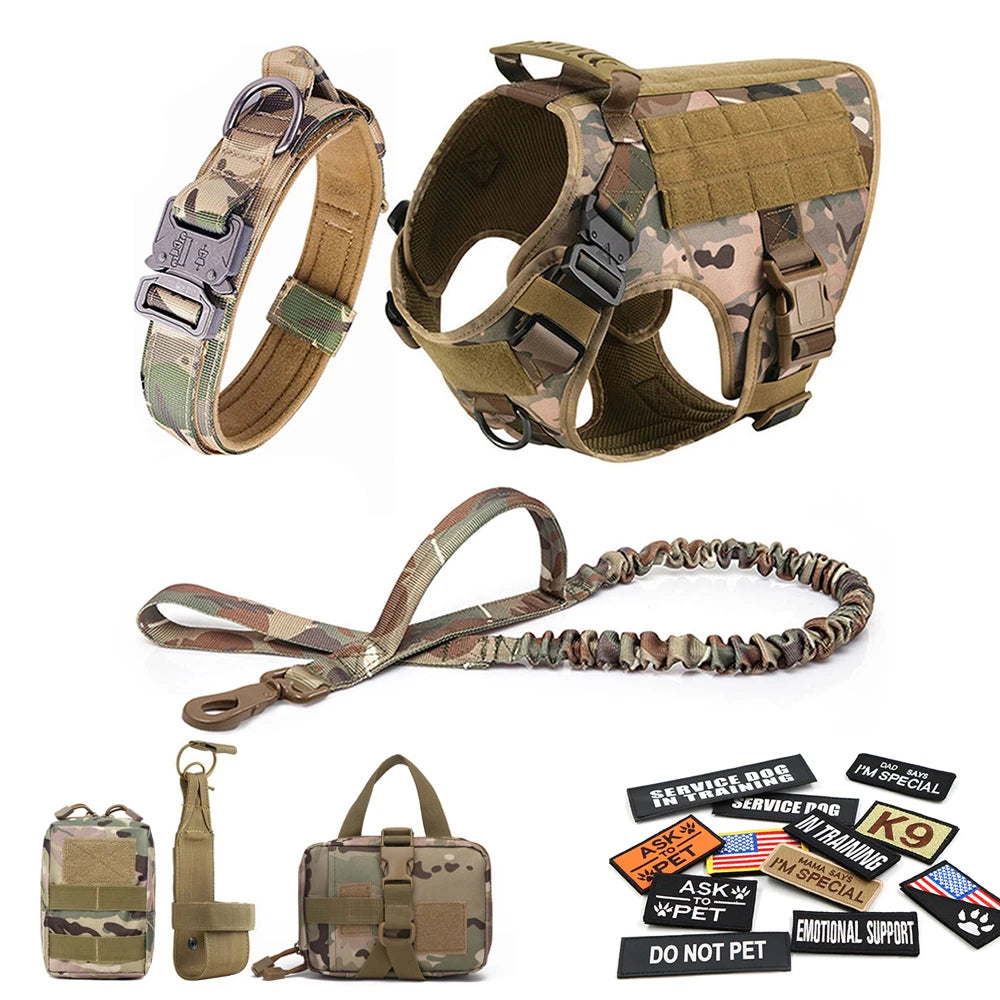 Military Dog Training Harness Collar Leash Set for Malinois Tactical Padded Quick Release Vest Harness with Patches Pet Accessories