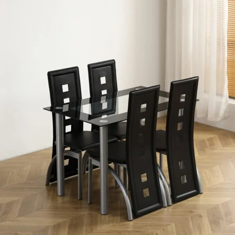 5 Pieces Dining Table Set for Kitchen Room Tempered Glass Dining Table 4 Chairs Black Table legs are silvery