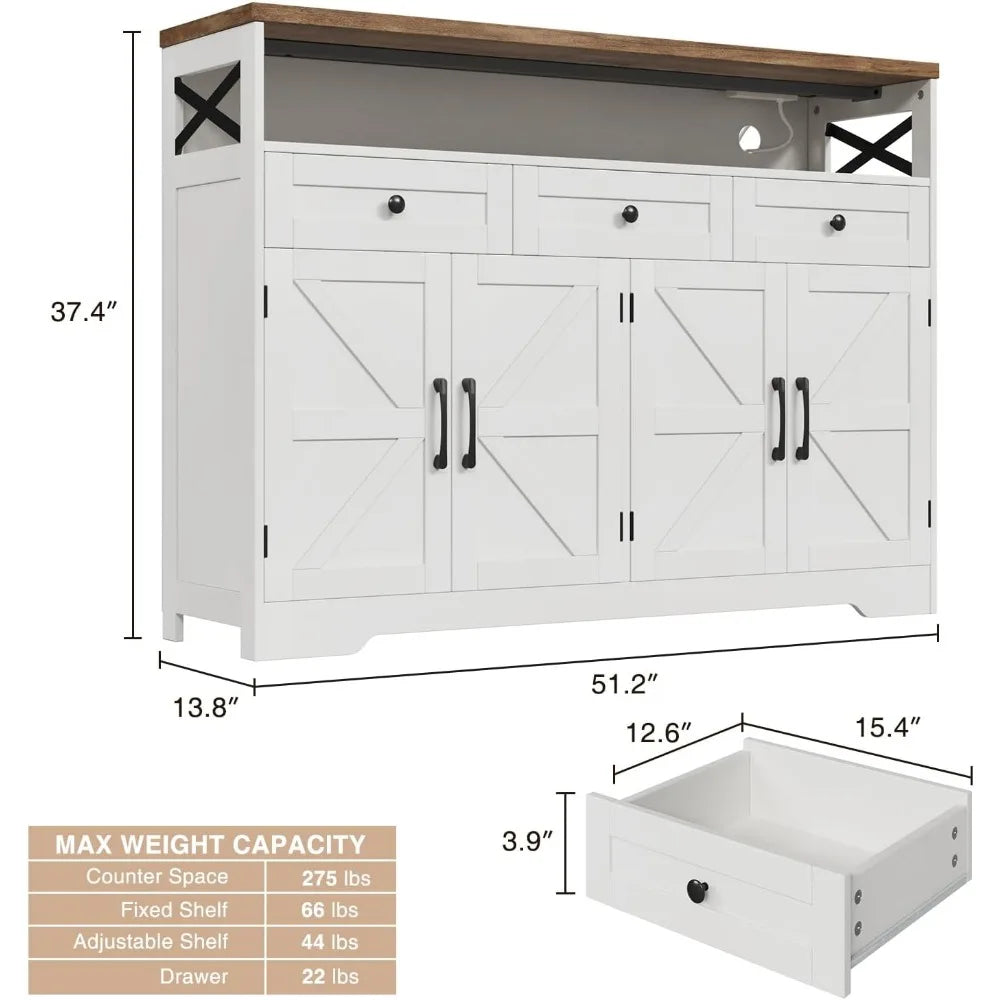 Farmhouse Buffet Cabinet with Drawers & Open Shelf Storage