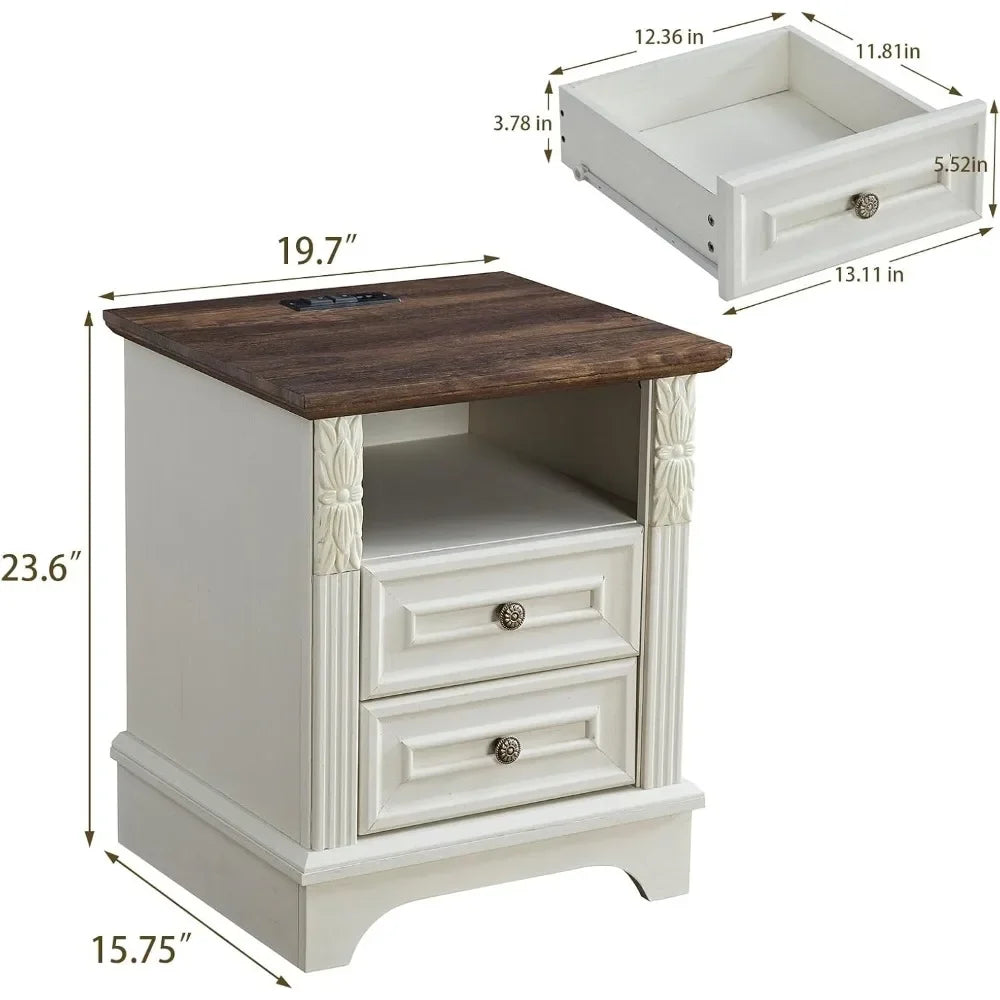 Farmhouse Nightstand with Charging Station 20" End Table 2 Drawers Carved Storage Cabinet Modern Bedroom Furniture