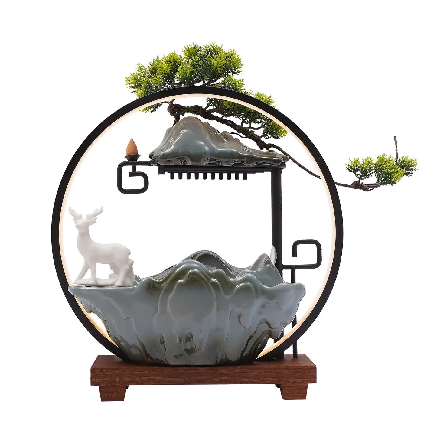 Indoor Desktop Water Fountain with Atomizer and LED Light Resin Waterfall Table Decor