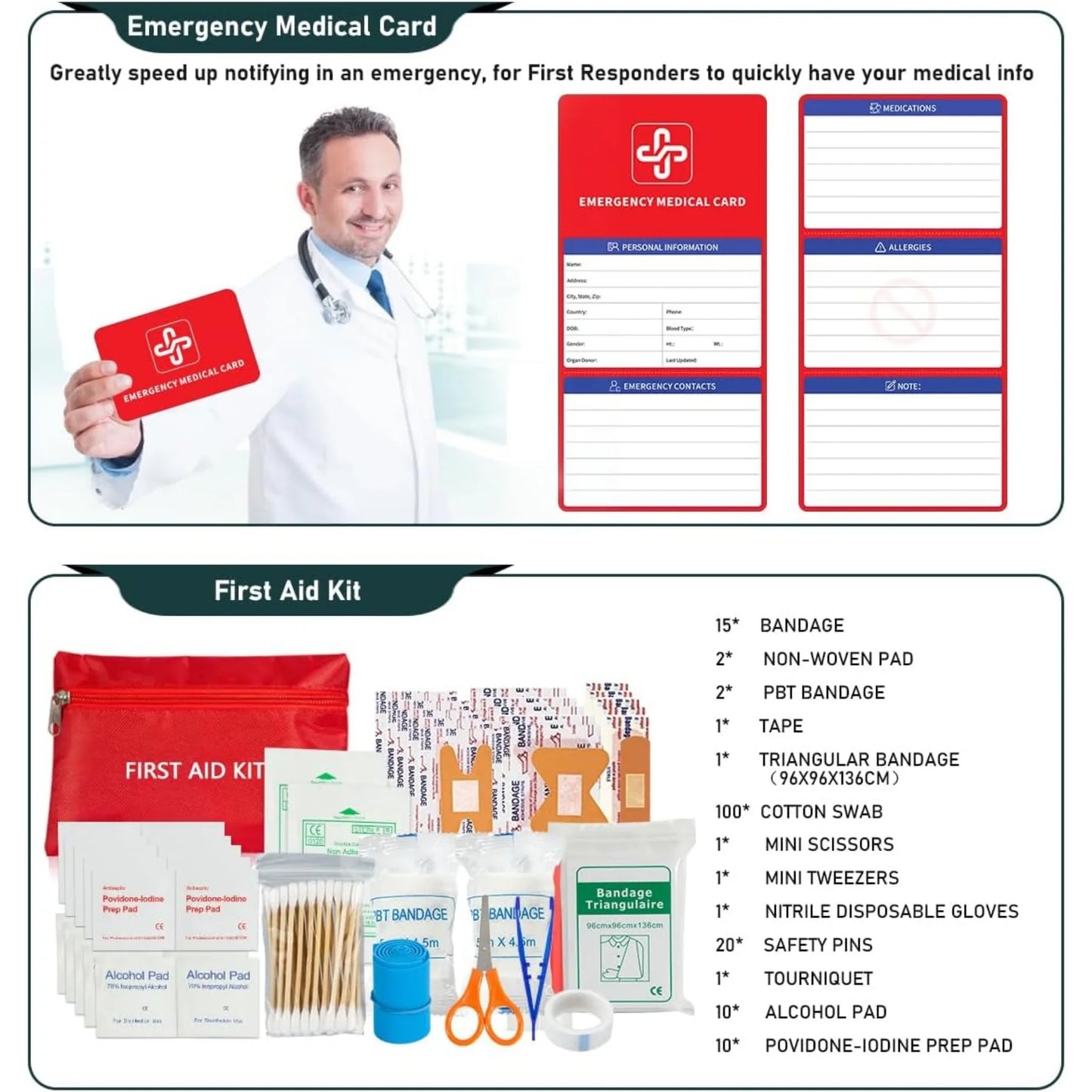 Survival kit, 262 pieces of survival equipment and supplies, first aid kit and crossbody bag