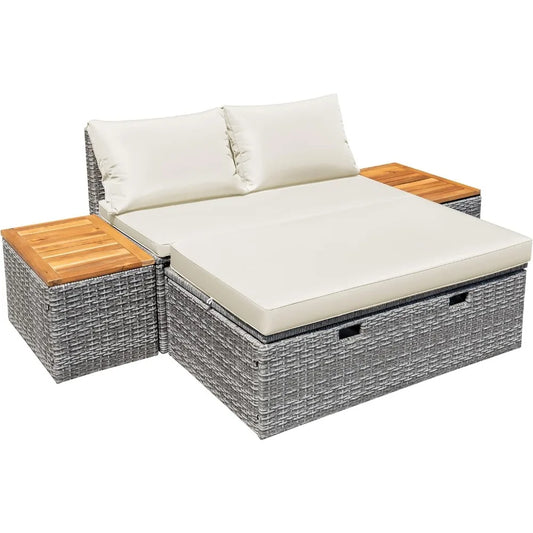 Outdoor Daybed Set Multifunctional Patio Lounge Bed with 2 Side Tables