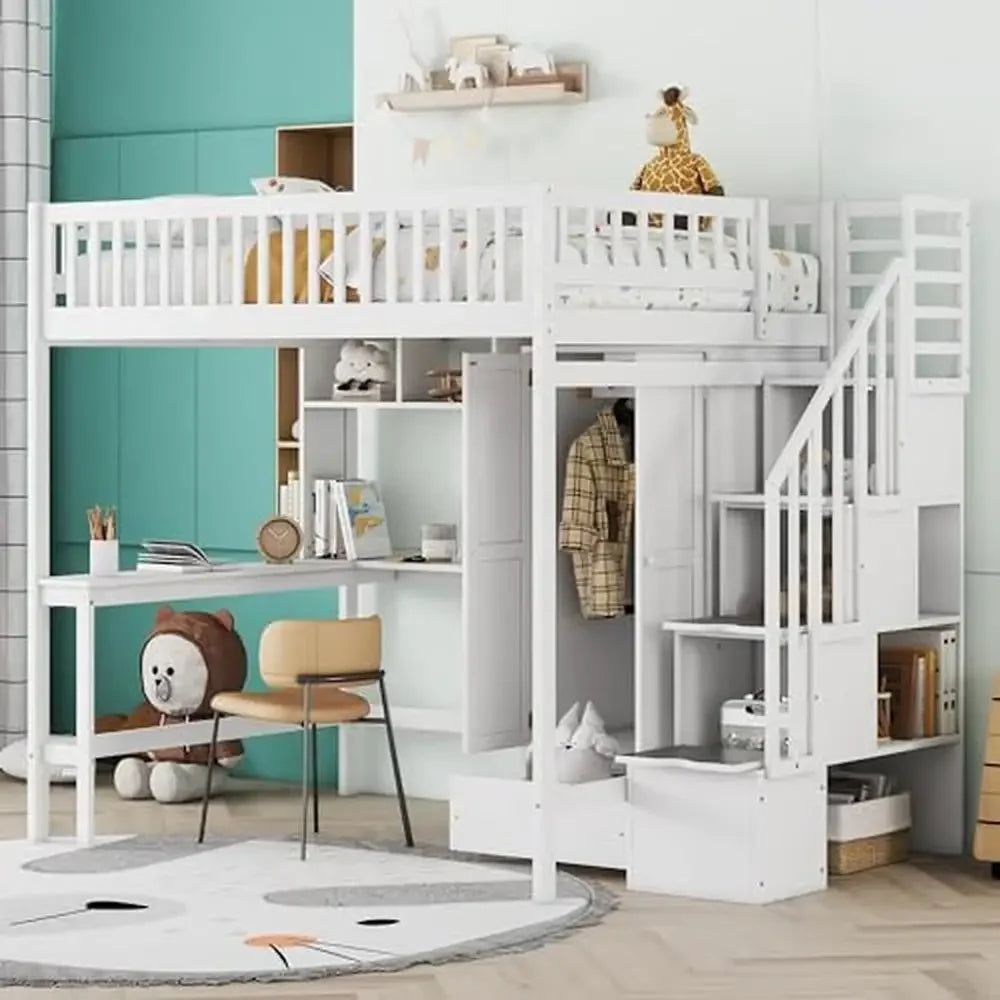 Full Size Loft Bed Combo Set with Storage Stairs Desk Bookshelf Drawers and Wardrobe Solid Wood Frame for Kids Teens and Adults in White