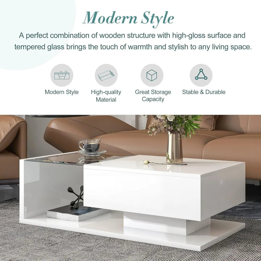 Modern Coffee Table with Tempered Glass, 2-Tier Wooden Center