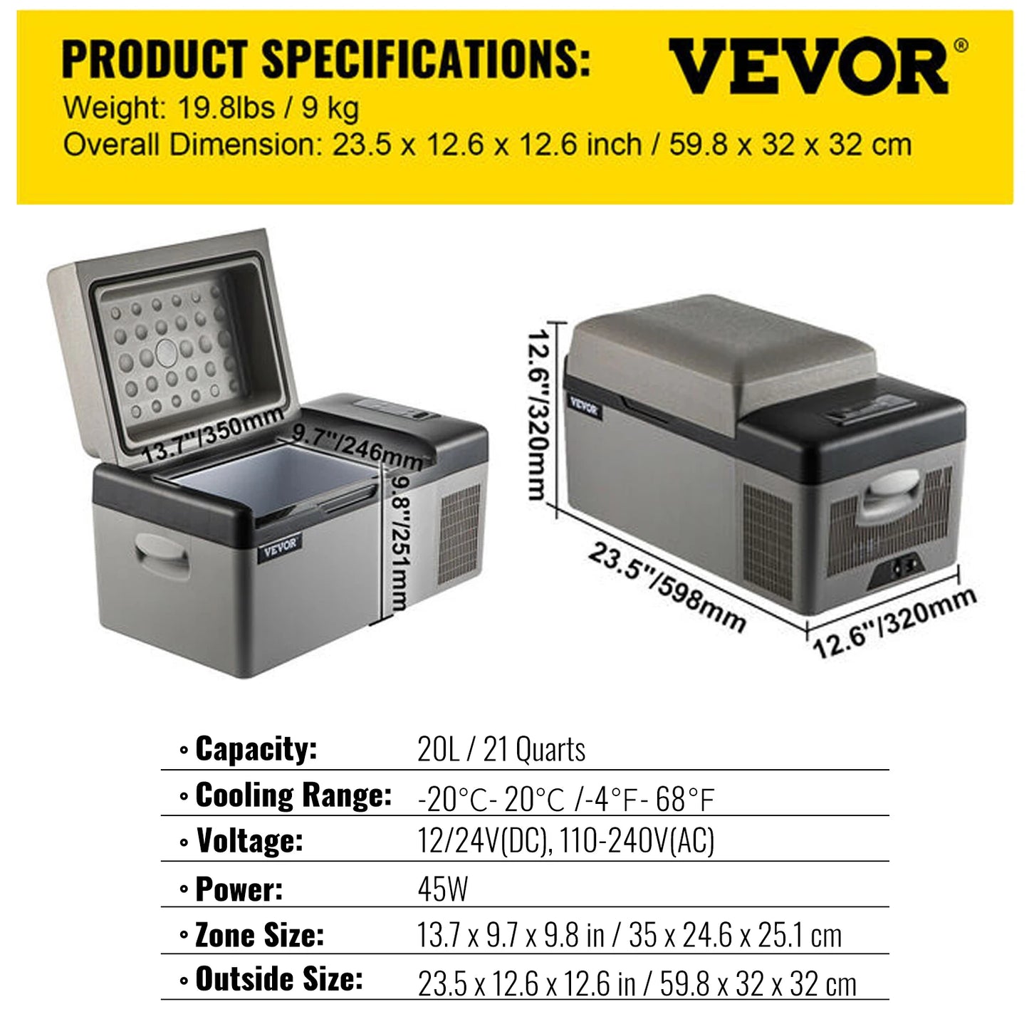 Vevor Portable Car Refrigerator Mini Fridge Freezer 20L 22L 35L 45L 55L Compressor Cooler 12V 24V DC Ice Box for Camping