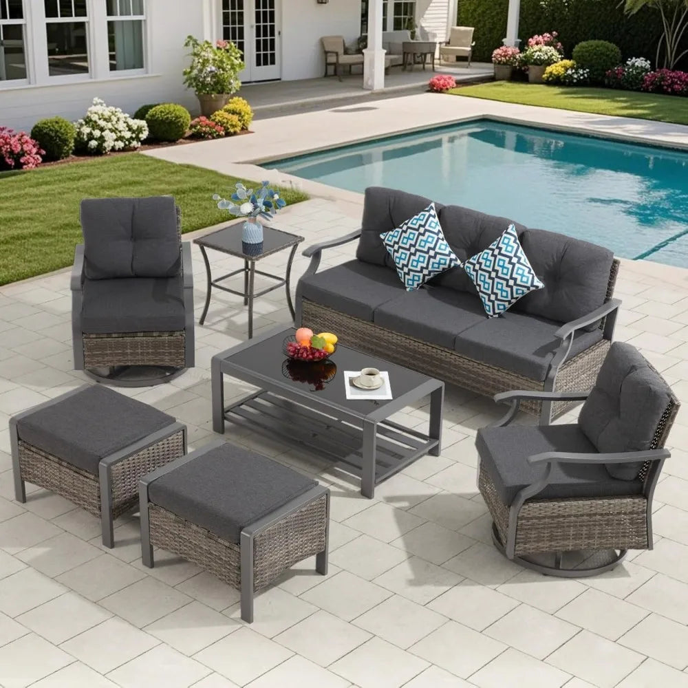 7 Pieces Metal Patio Furniture Set Outdoor Conversation Set Sectional Sofa with Swivel Chairs for Garden Deck Backyard