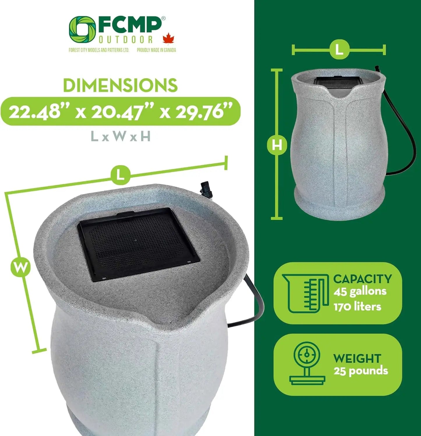 Catalina 45 Gallon BPA Free Rain Barrel with Fixed Lid and 3.5 Foot Garden Hose Flat Back Design for Water Conservation in Light Granite