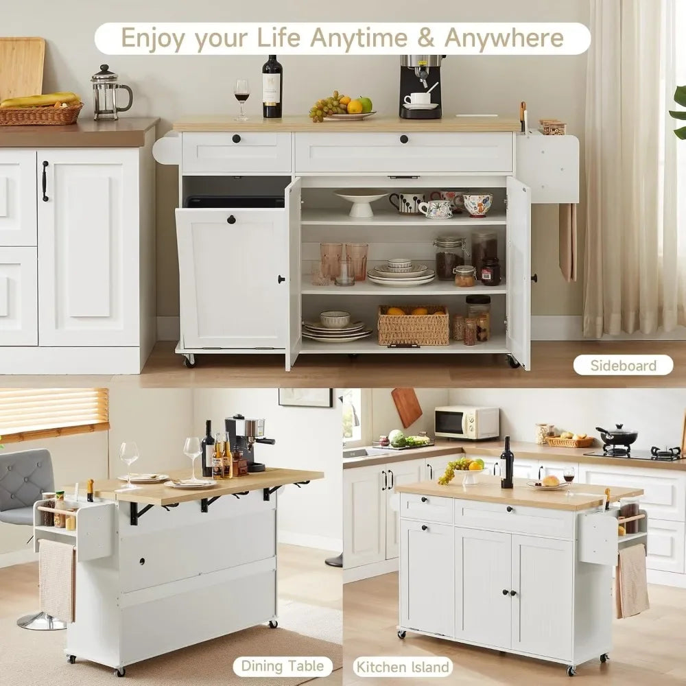 60 Inch Kitchen Island with Power Outlet and Drop Leaf Knife Holder Kitchen Rolling Island with Spice Rack and Towel Rack