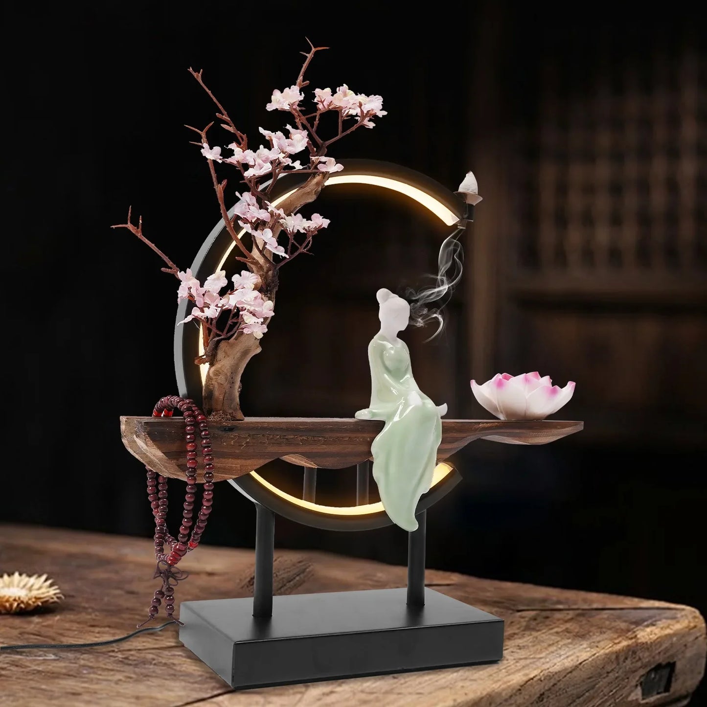 Bymaocar LED Reverse Flow Incense Burner With Blooming Floral & Smoke Waterfall Design, Creative Decor for Living Room & Office