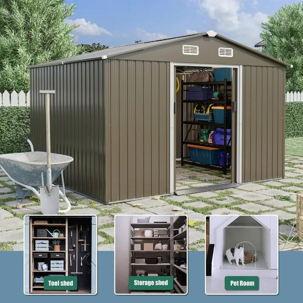 Lockable Metal Tool Shed with Sliding Door and Air Vents for Garden Storage
