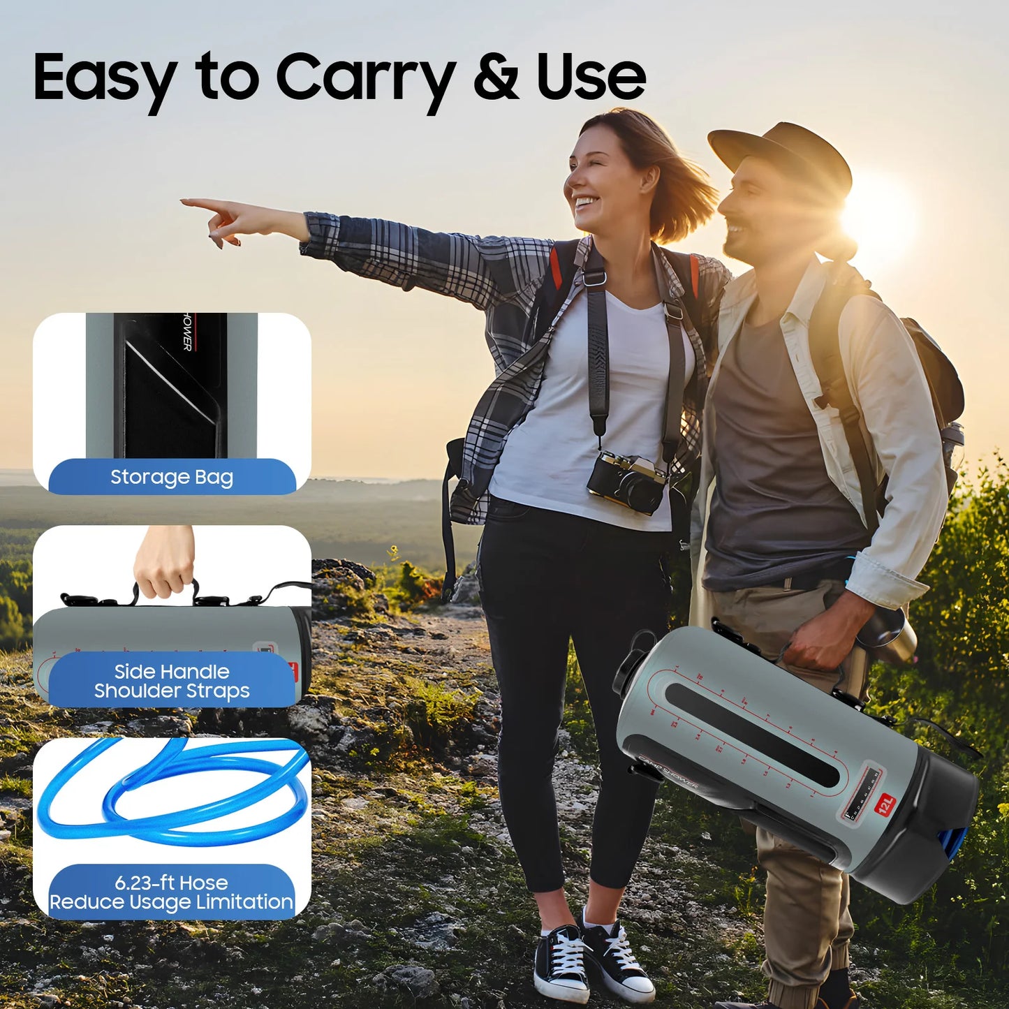 12L Portable Pressure Camp Shower with Detachable Double Shoulder Strap for Hiking and Outdoor Climbing