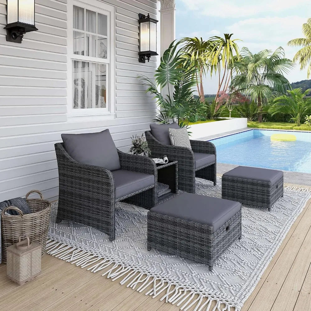 5 Piece Balcony Furniture, All Weather PE Wicker Rattan Patio Furniture Set, Cushioned Patio Chairs Set of 2 w/Ottoman & Table,
