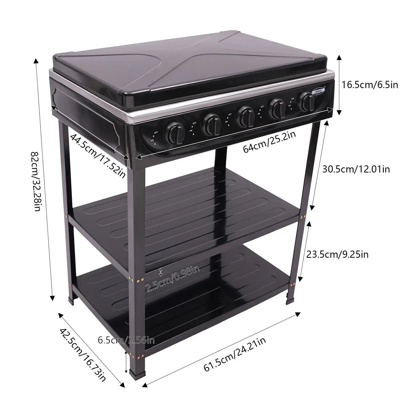 5-Burner Gas Stove Outdoor Camping Cooking BBQ Grill With 2-Tier Storage Rack