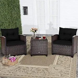 3 Piece Patio Furniture Set, Wicker Bistro Conversation Set w/ 2 Cushioned Armchairs & Glass Topped Table, Outdoor Rattan Sofa