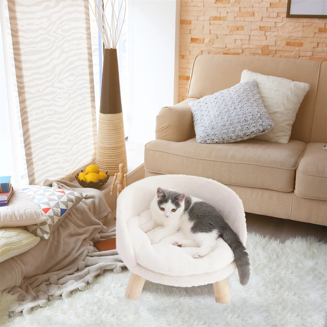 Luxury Soft Warm Plush Pet Bed Nesting Chair with Wood Legs And Washable Waterproof Cushion Pad for Small Pets White