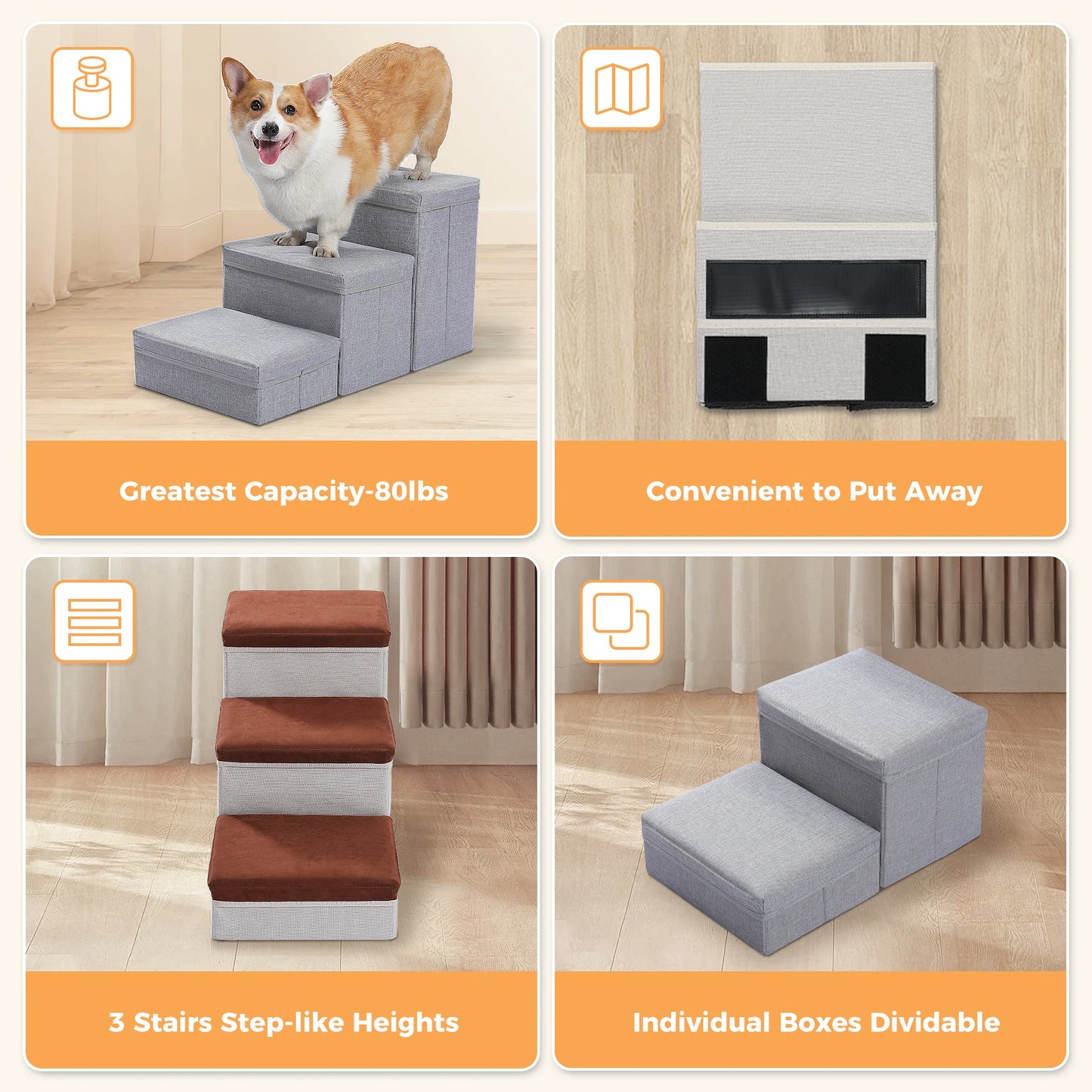 3-Tier Foldable Dog Stairs with Storage Adjustable Height Non-Slip Pet Steps for Small Old Dogs And Cats Brown/Grey/Dark Grey
