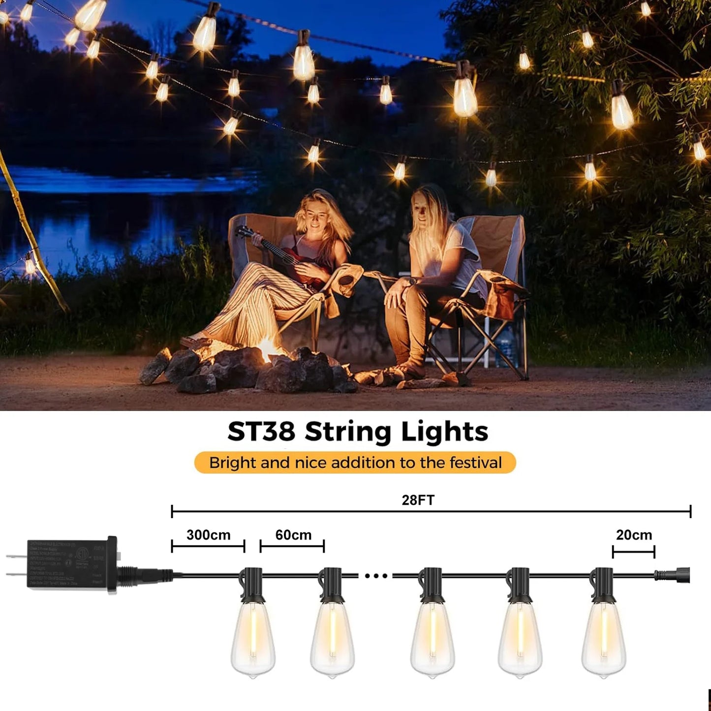 ST38 String Lights Outdoor 28FT 1/2/3 Pack with US Plug 10+1 LED Patio Fairy Garden Lamps for Home Xmas New Year Party Halloween