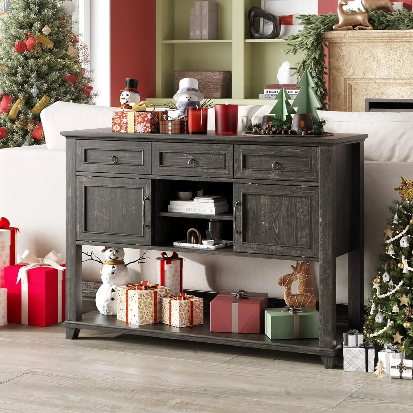 Vabches 47 Inch Wood Console Table with 3 Storage Drawers and Sliding Barn Doors for Entryway Hallway Living Room