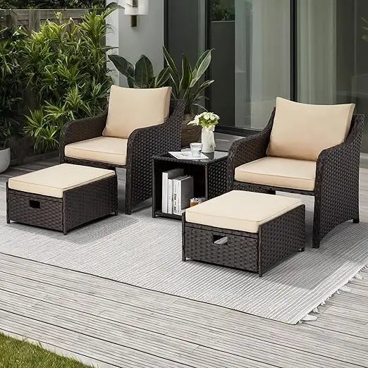 5 Piece Balcony Furniture, All Weather PE Wicker Rattan Patio Furniture Set, Cushioned Patio Chairs Set of 2 w/Ottoman & Table,