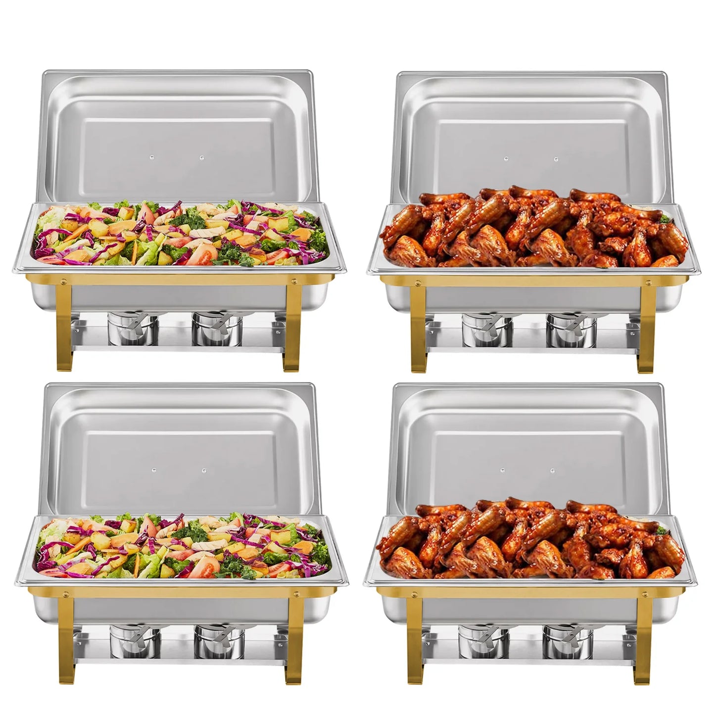 4 Pack Rectangular Chafing Dishes Set 8QT 9QT Semi Gold Plated Stainless Steel Buffet Warmer for Hotel Catering or Wedding Parties