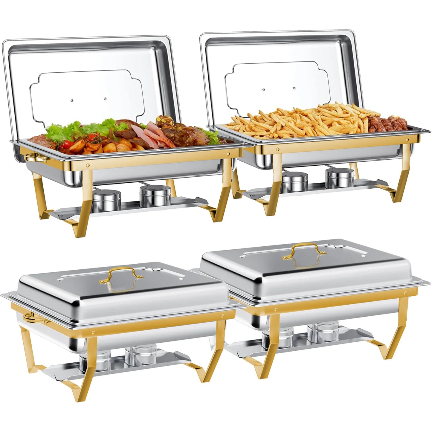 4 Pack Rectangular Chafing Dishes Set 8QT 9QT Semi Gold Plated Stainless Steel Buffet Warmer for Hotel Catering or Wedding Parties