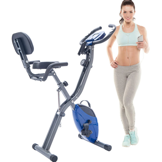 Metal Folding Exercise Bike Upright and Horizontal X Bike Home Fitness with 10 Adjustable Levels Resistance Arm Bands Backrest