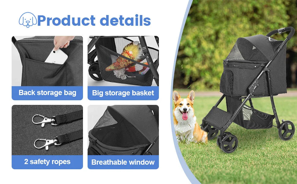 Wedyvko Pet Stroller 360 Rotate Wheels Dog Carrier with Brakes And Basket for Small to Medium Sized Dogs Breathable Metal Frame