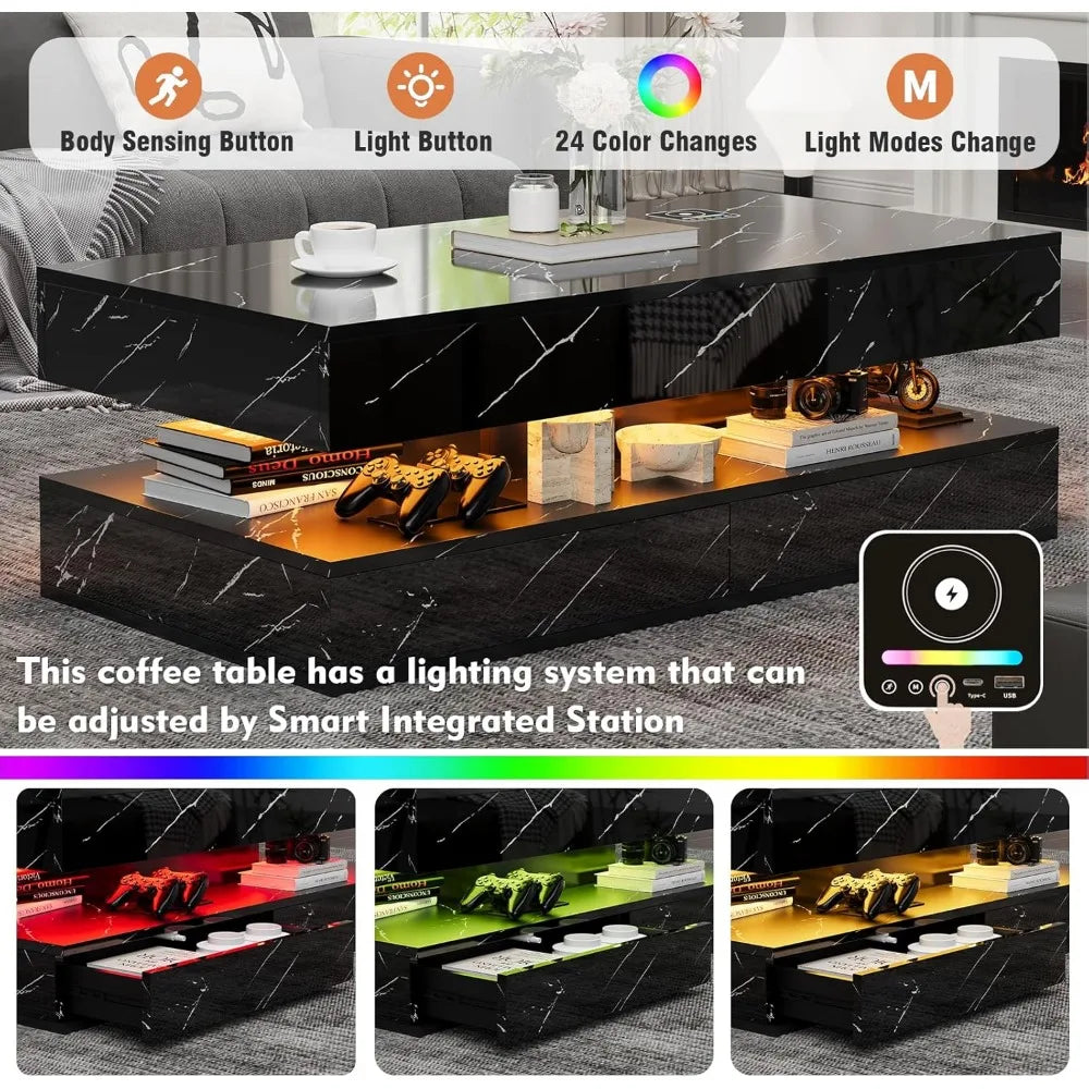 Modern LED Coffee Table 47 Inch High Gloss Double Layer Center Table with Wireless Charging and Built in Bluetooth 2 Drawers Black Marble Finish