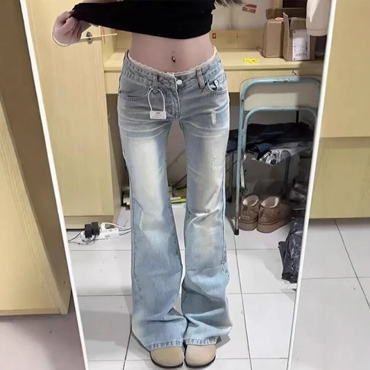Light Lace Trim Flared Straight Leg Jeans Women's Retro Low Waist Slimming Non Fitting New 2025 Model Casual Fashion
