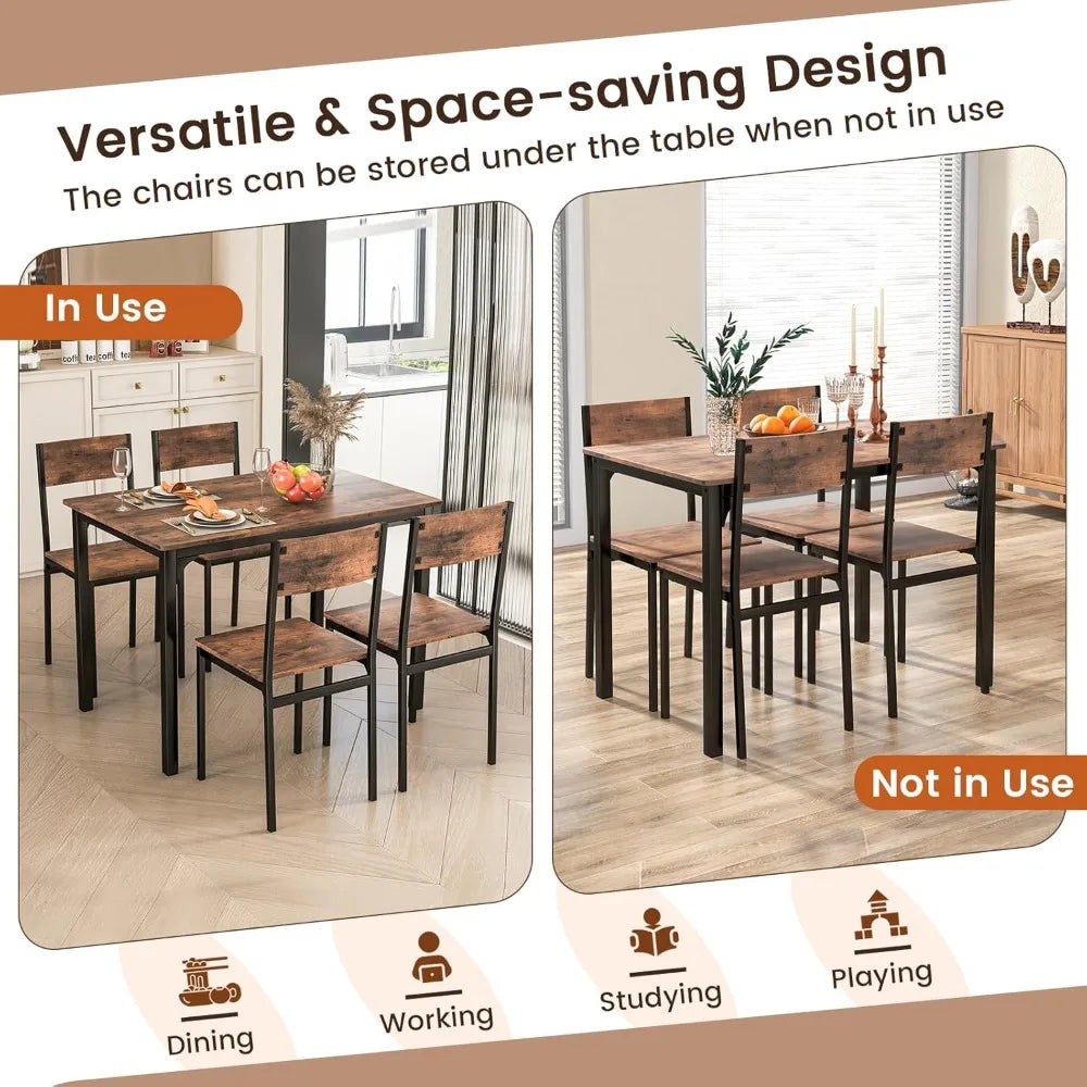 GOFLAME 5-Piece Dining Table Set, Industrial Kitchen Table and Chairs for 4 with Backrest and Metal Frame, Rectangular Space-Saver