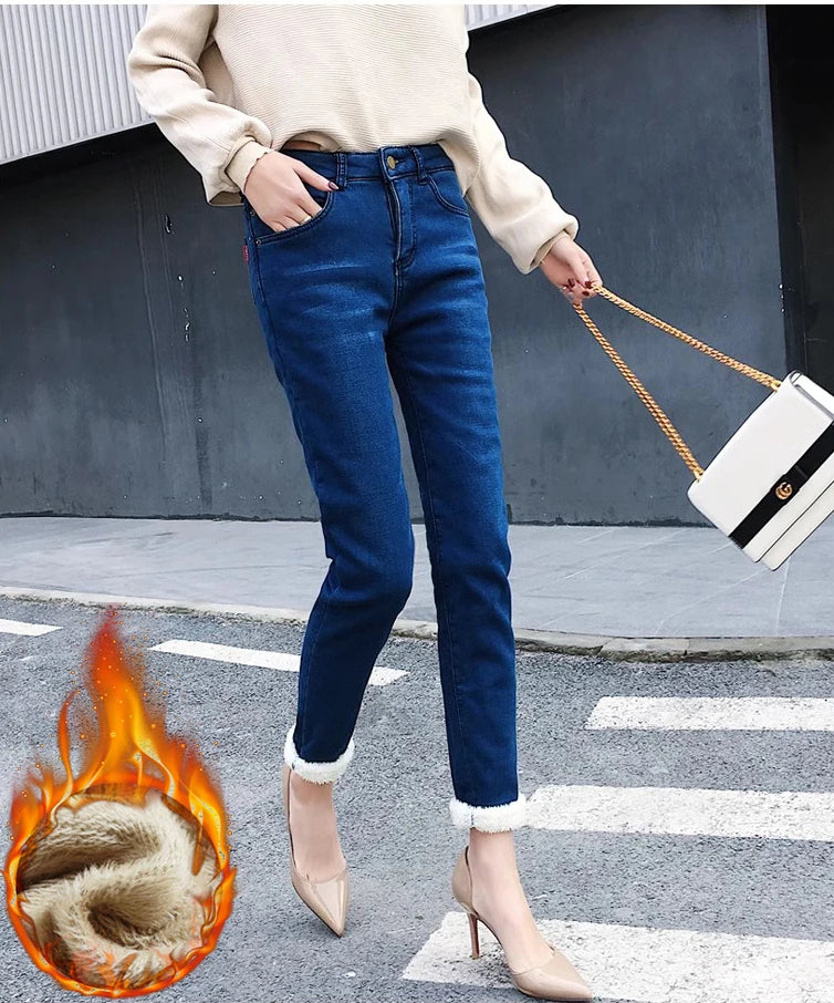 Winter High Waist Pencil Jeans for Women Thickened Lamb Fluff Skinny Denim Pants Warm Stretch Vaqueros Big Size 34 Casual Winter Jeans