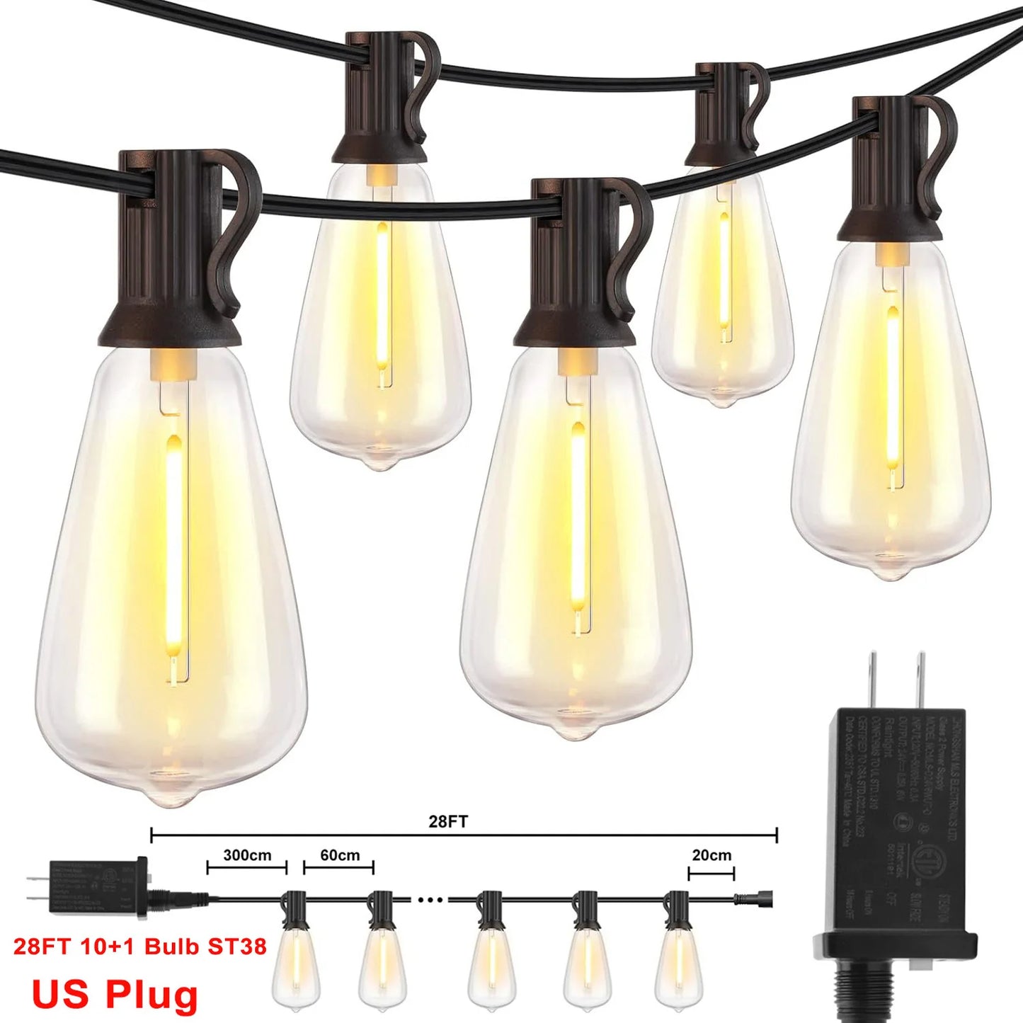 ST38 String Lights Outdoor 28FT 1/2/3 Pack with US Plug 10+1 LED Patio Fairy Garden Lamps for Home Xmas New Year Party Halloween