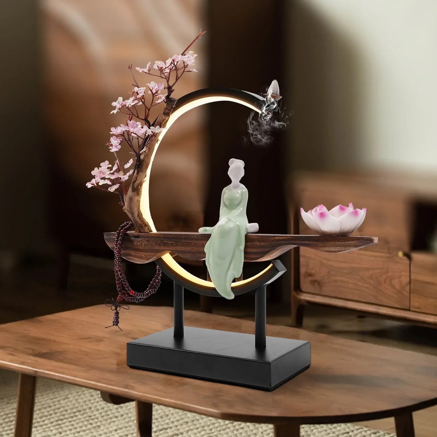 Bymaocar LED Reverse Flow Incense Burner With Blooming Floral & Smoke Waterfall Design, Creative Decor for Living Room & Office