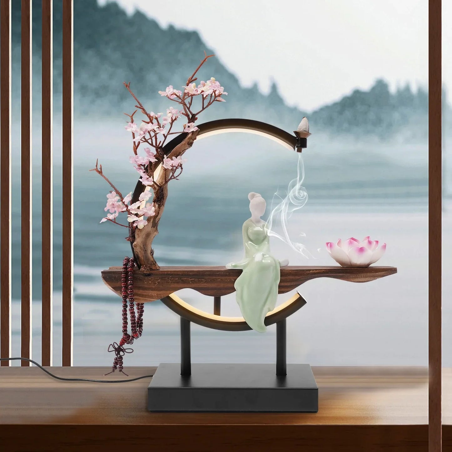 Bymaocar LED Reverse Flow Incense Burner With Blooming Floral & Smoke Waterfall Design, Creative Decor for Living Room & Office