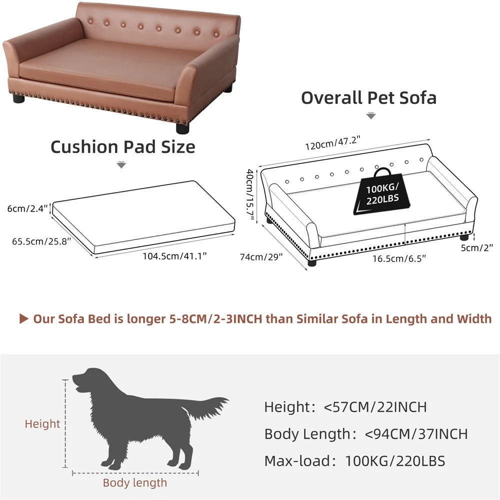 Heavy Duty Raised Dog Bed Sofa Large Cushioned Pet Couch Soft Microfiber Silicone Leather Velboa Covered Lounge for Cats And Puppies