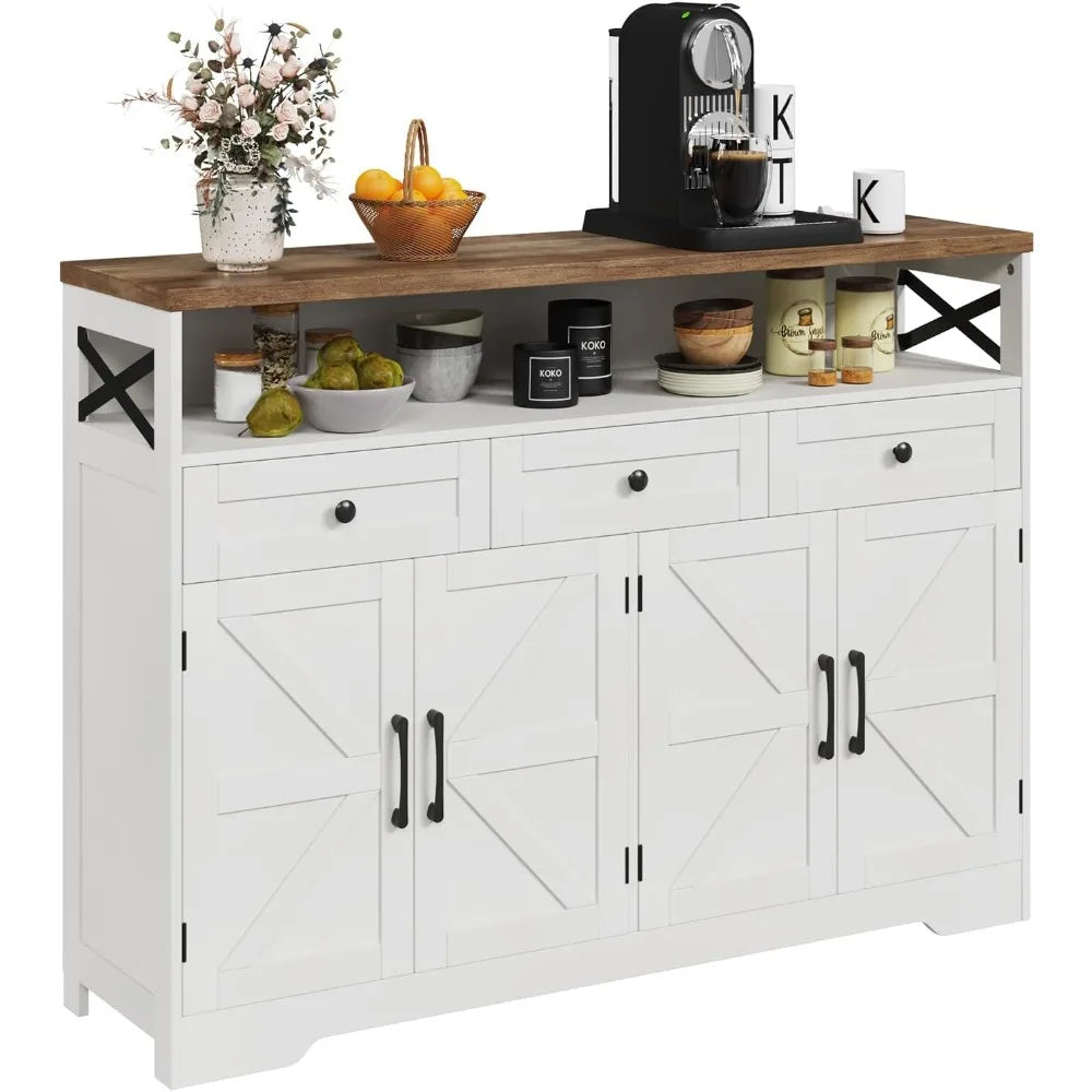 Farmhouse Buffet Cabinet with Drawers & Open Shelf Storage