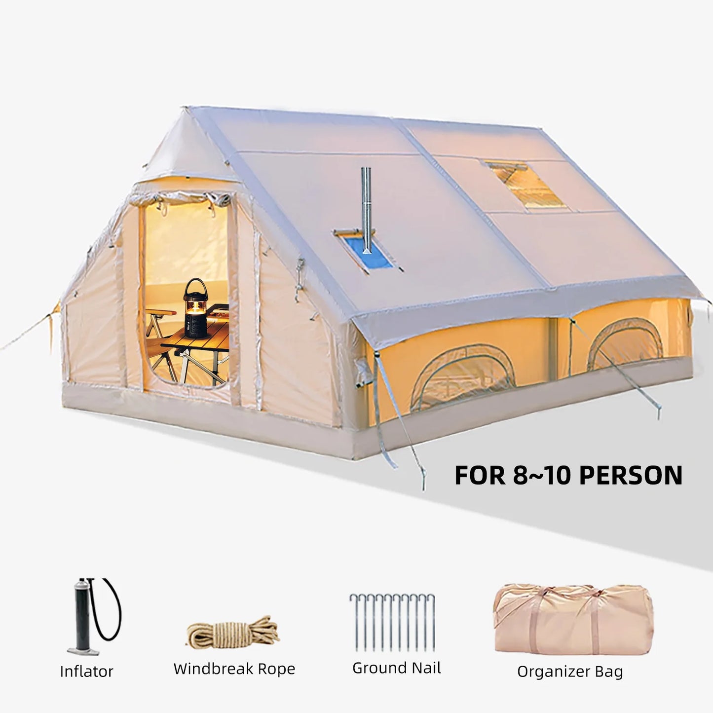 SENLEETO 8-10 People Glamping Inflatable Tent 129 Ft² Large Blow Up Tent with Hand Pump 420D Oxford Fabric Camping Tent