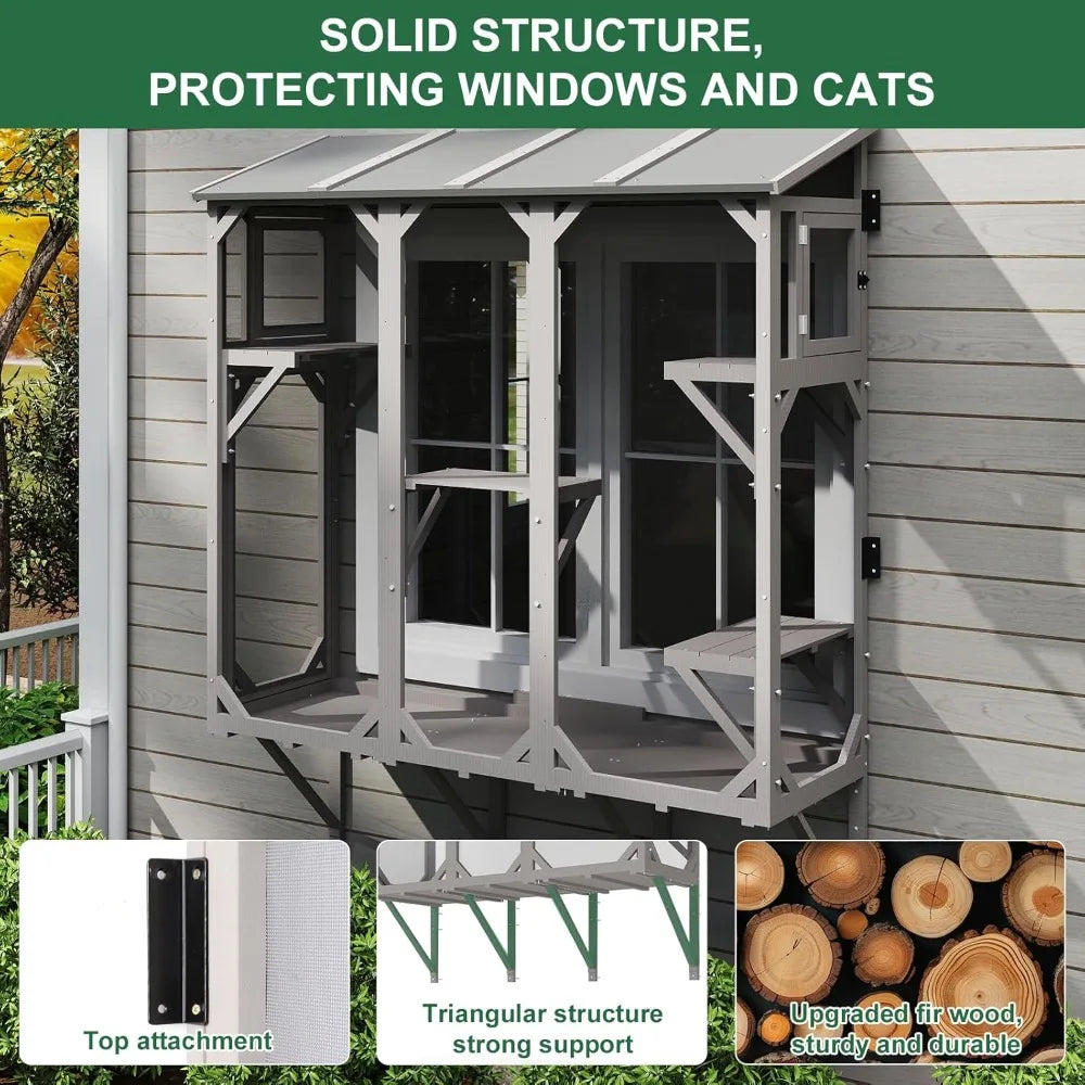 Expandable Window Box Enclosure for Multiple Indoor Cats, Comfortable Wooden Small Pet Perch House, All-Weather Use