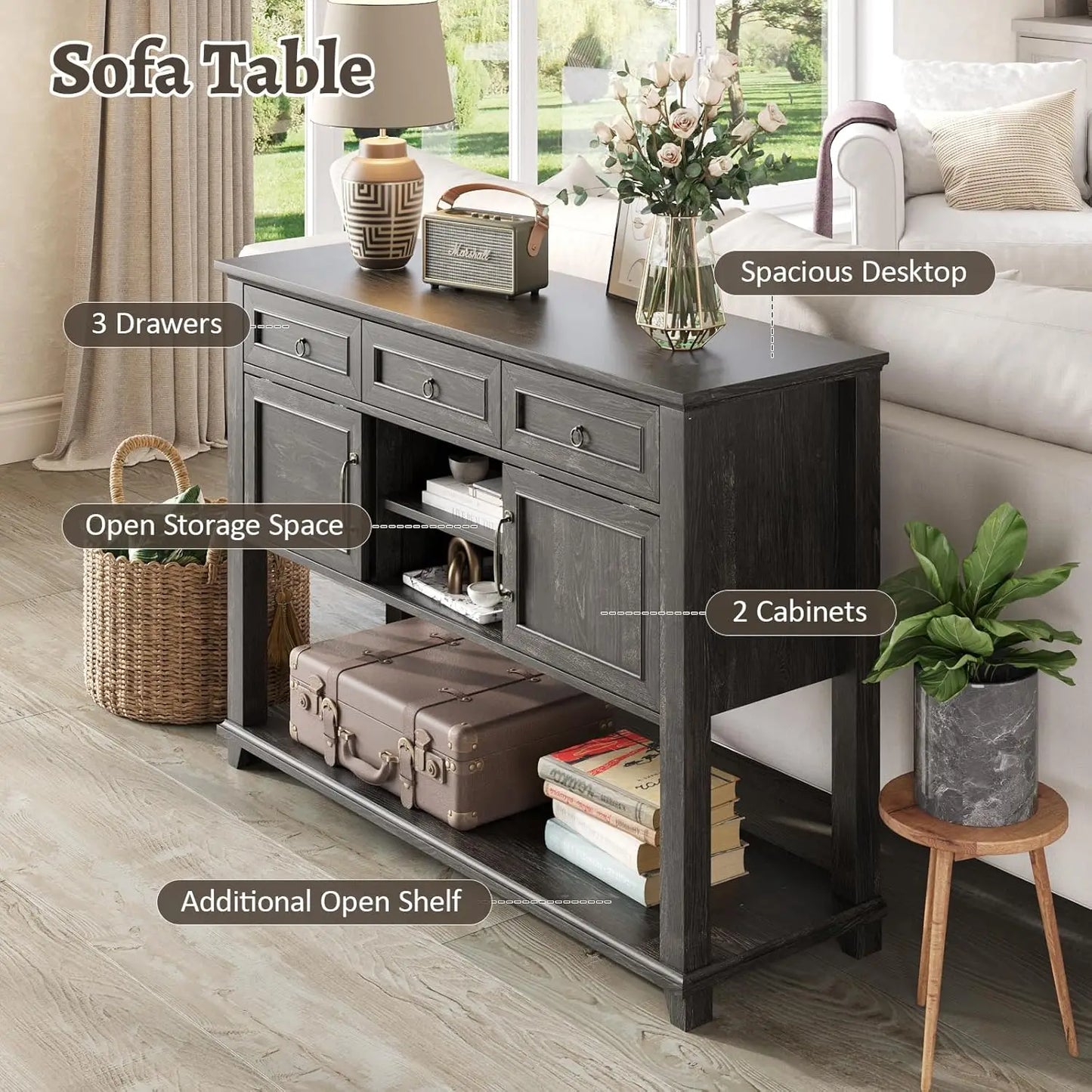 Vabches 47 Inch Wood Console Table with 3 Storage Drawers and Sliding Barn Doors for Entryway Hallway Living Room