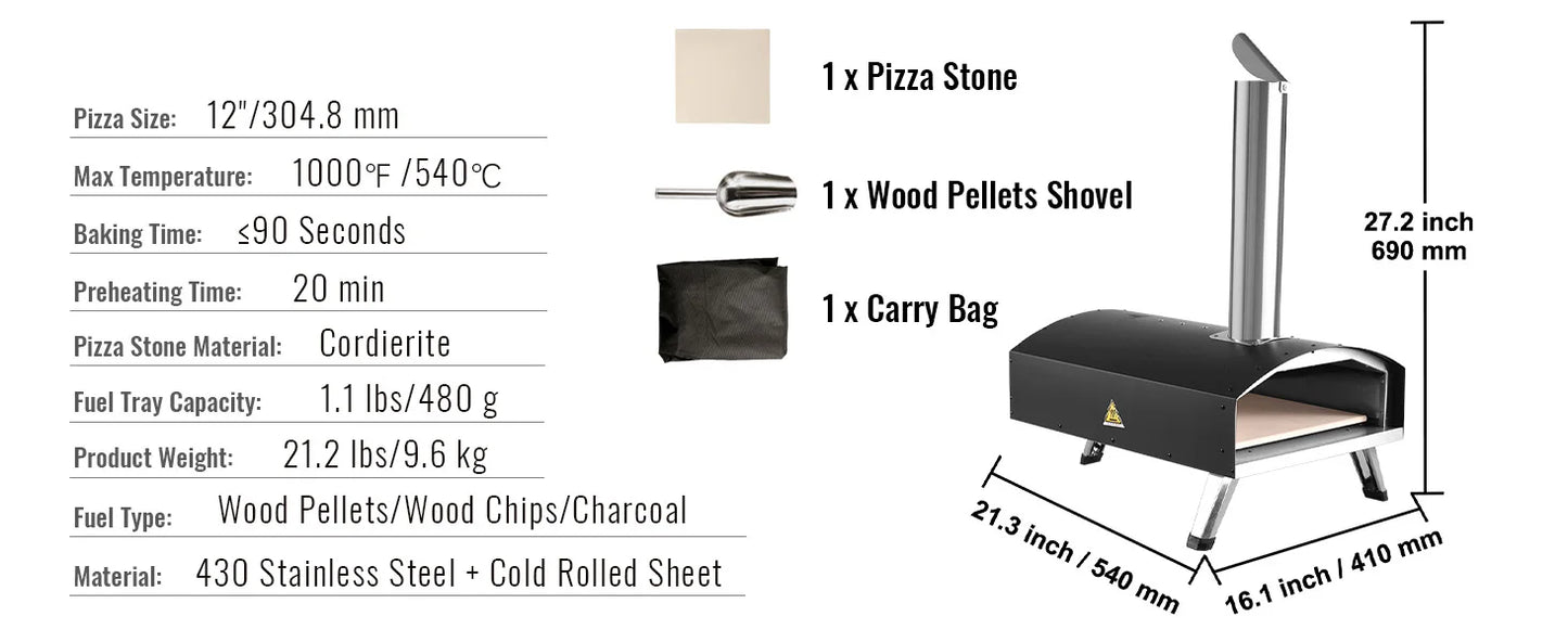 SucceBuy 12 Inch Wood Fired Portable Pizza Oven Food Grade Stainless Steel BBQ for Backyard Camping Picnics Outdoor Cooking