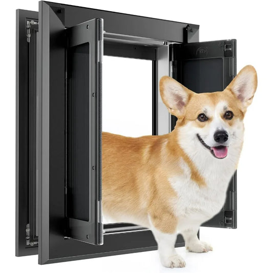 Heavy duty aluminum exterior dog door with strong double magnetic flaps designed for medium sized dogs up to 40 lbs.