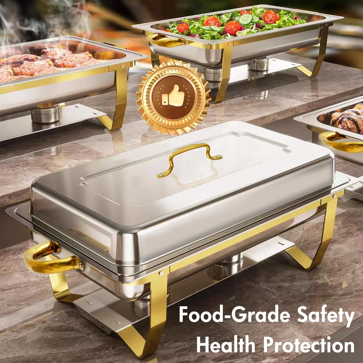 4 Pack Rectangular Chafing Dishes Set 8QT 9QT Semi Gold Plated Stainless Steel Buffet Warmer for Hotel Catering or Wedding Parties