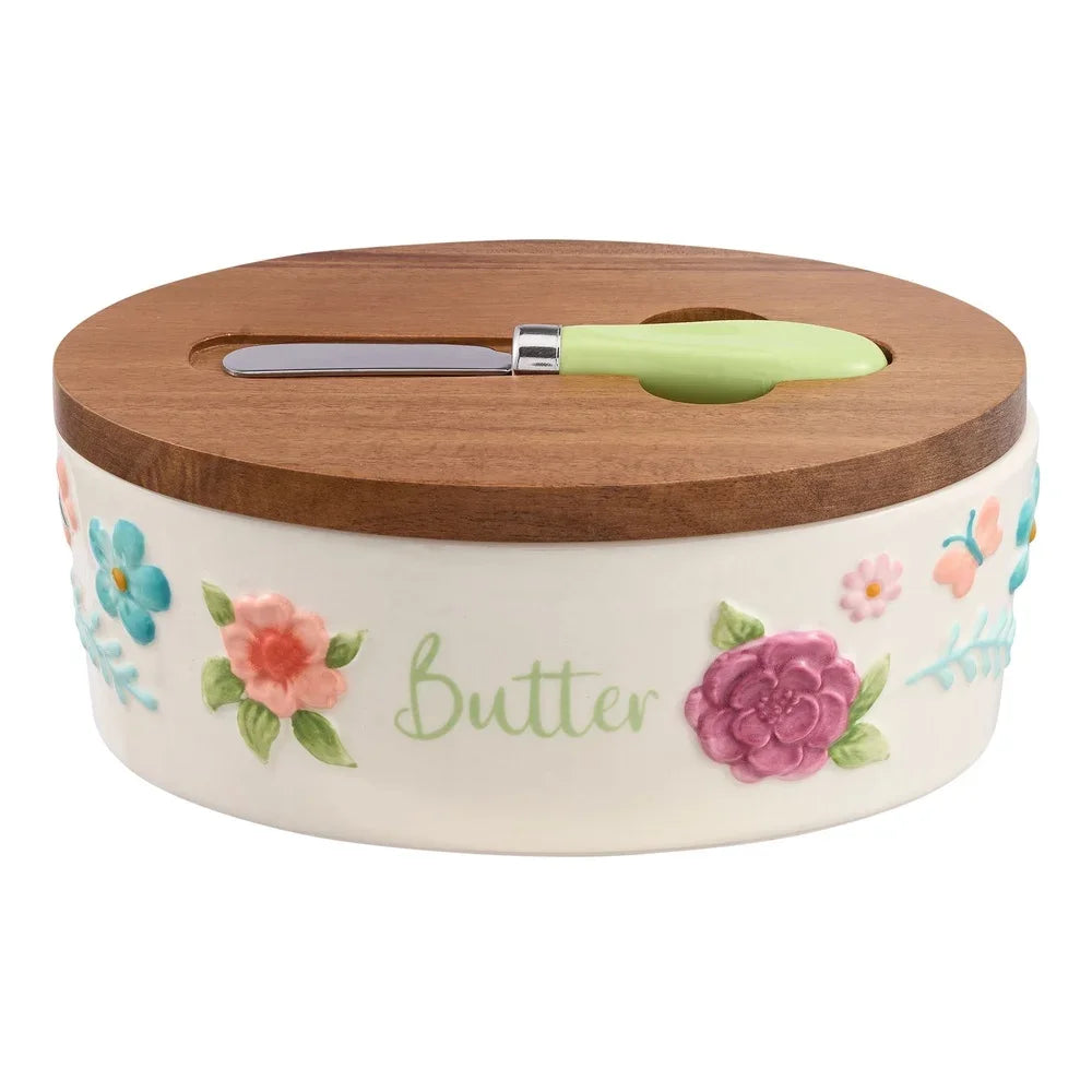 Painted Meadow Butter Dish Set with Acacia Wood Lid and Metal Serving Knife Floral Embossed Stoneware Handcrafted Kitchen Storage