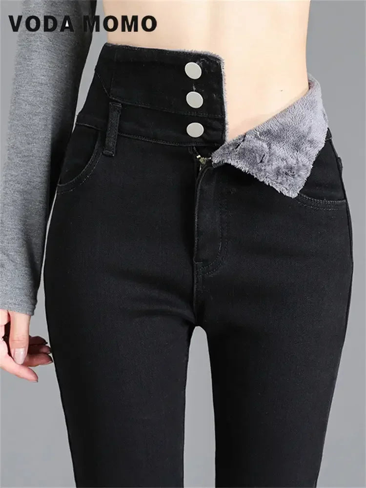 Winter Korean stytle Casual Jeans high waist Thick Fleece High-waist Warm Skinny Jeans Thick Women Stretch Harajuku Pencil Pants