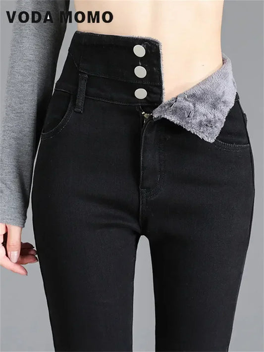 Winter Korean stytle Casual Jeans high waist Thick Fleece High-waist Warm Skinny Jeans Thick Women Stretch Harajuku Pencil Pants