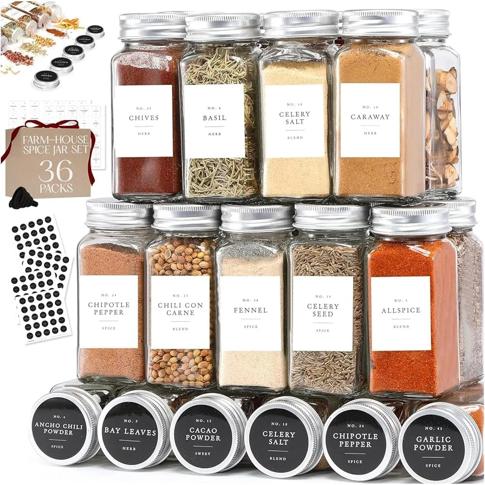 36 Pack Glass Spice Jars with Metal Lids and Labels Clear Storage Containers Kitchen Seasoning Organization Gift Set