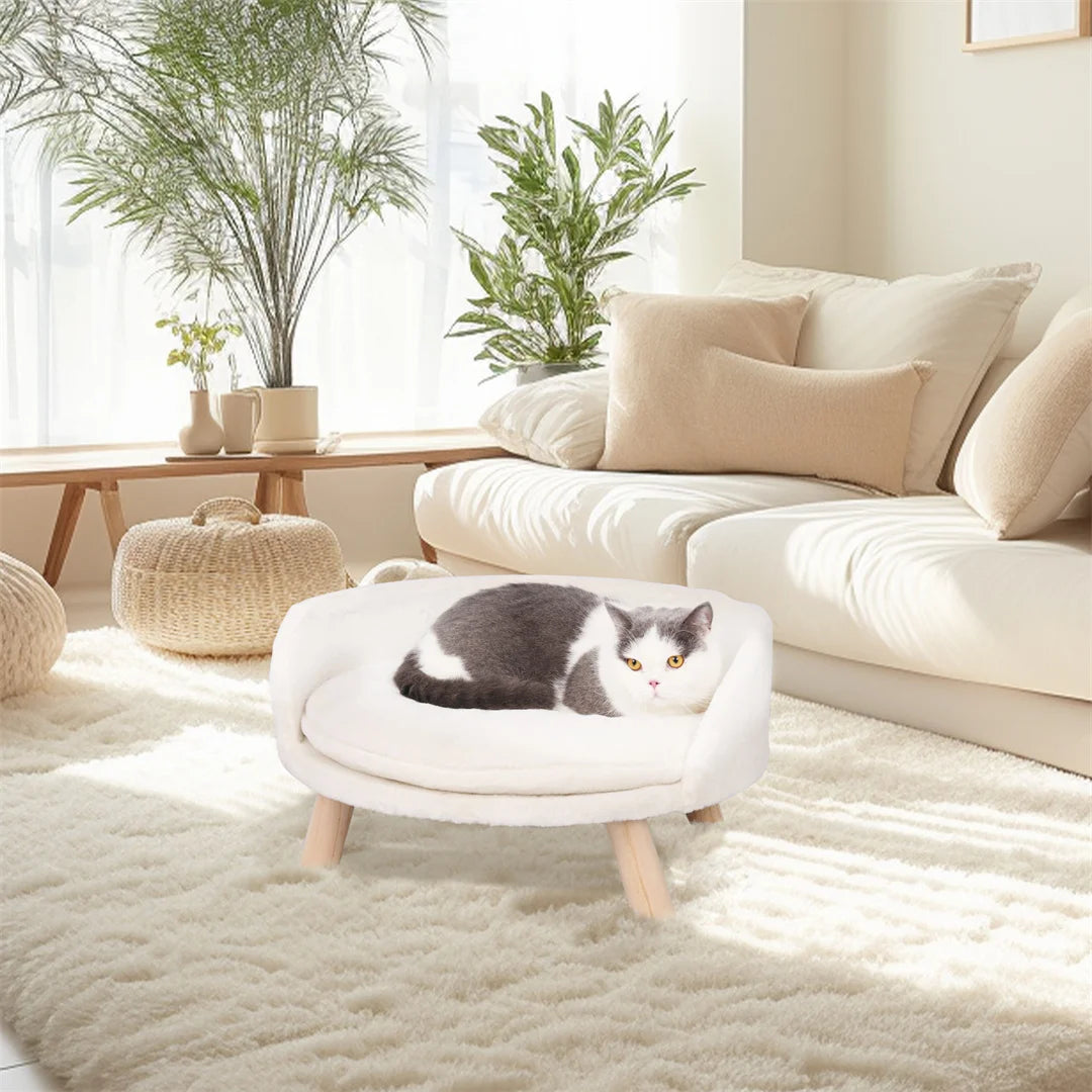 Luxury Soft Warm Plush Pet Bed Nesting Chair with Wood Legs And Washable Waterproof Cushion Pad for Small Pets White