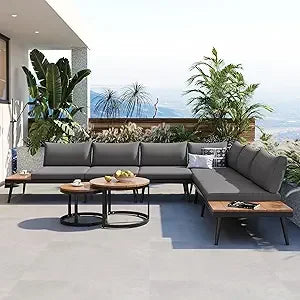 Modern Outdoor Sectional Sofa Set with Round Nesting Coffee Tables and Cushions 6 Piece Patio Furniture Set for Porch Garden Pool