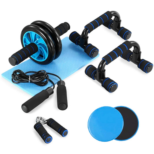 5 In 1 AB Wheel Roller Kit With Push Up Bar Jump Rope Hand Gripper And Knee Pad Complete Fitness Workout Core Carver Strength Training Equipment